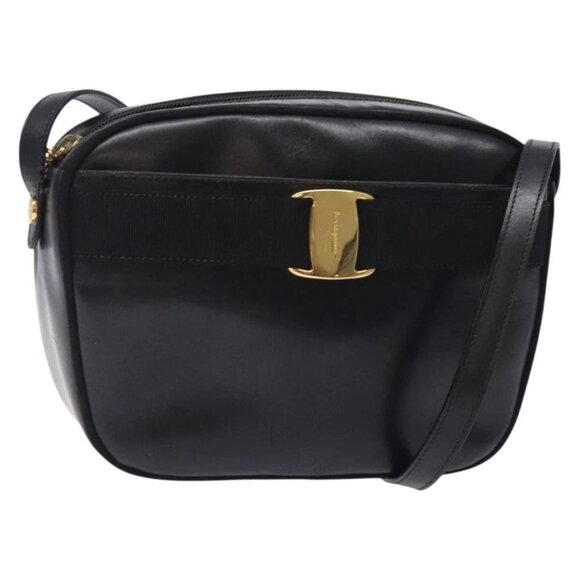 Salvatore Ferragamo Vala Shoulder Bag Leather Black Gold - Picture 1 of 16